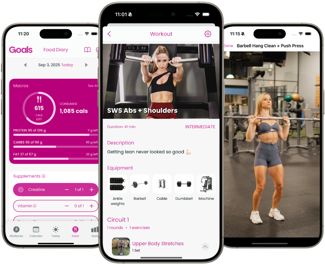 Goals app interface showing workout and food diary screens